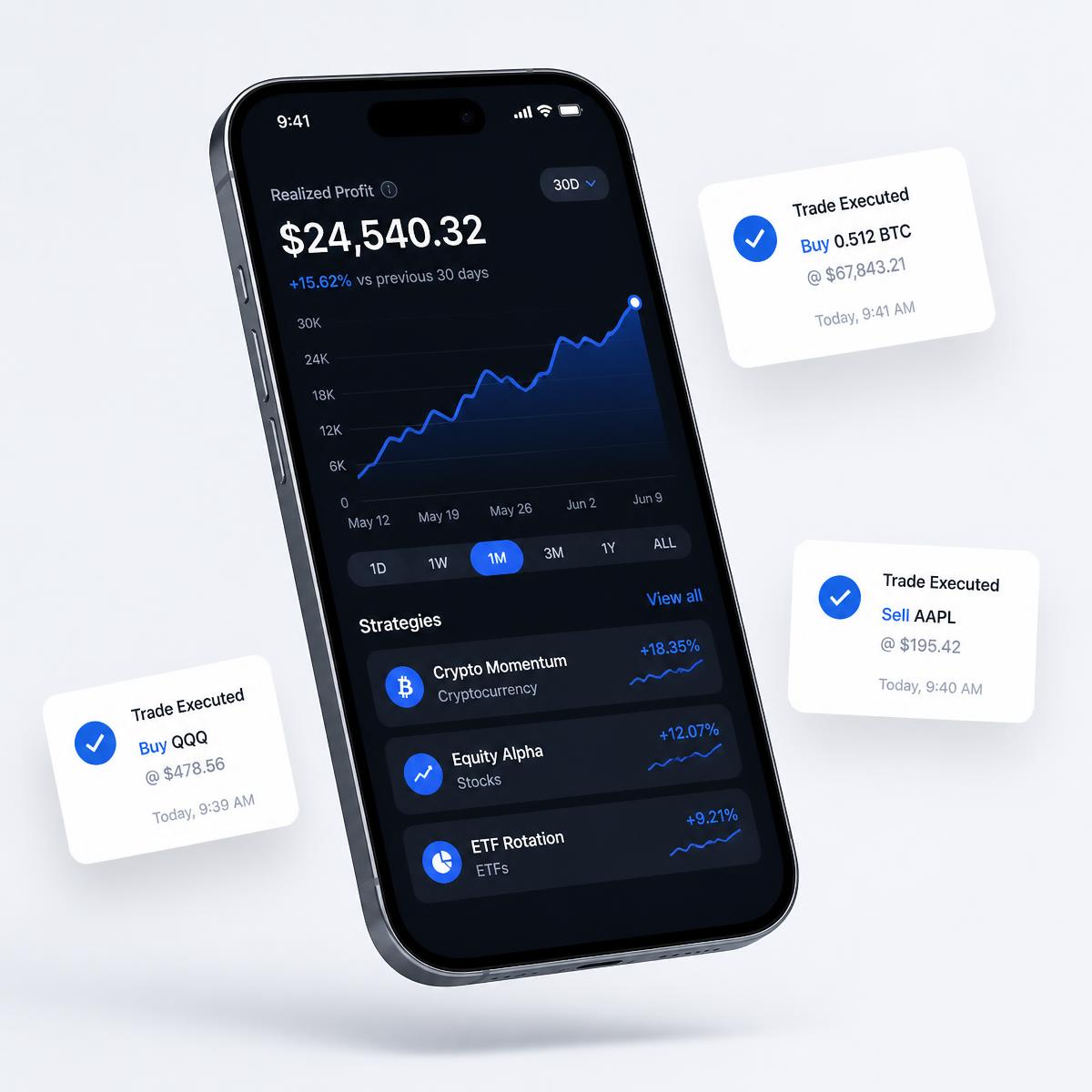 The Arch Public platform showing realized profits, a performance chart, and active crypto, stock, and ETF strategies